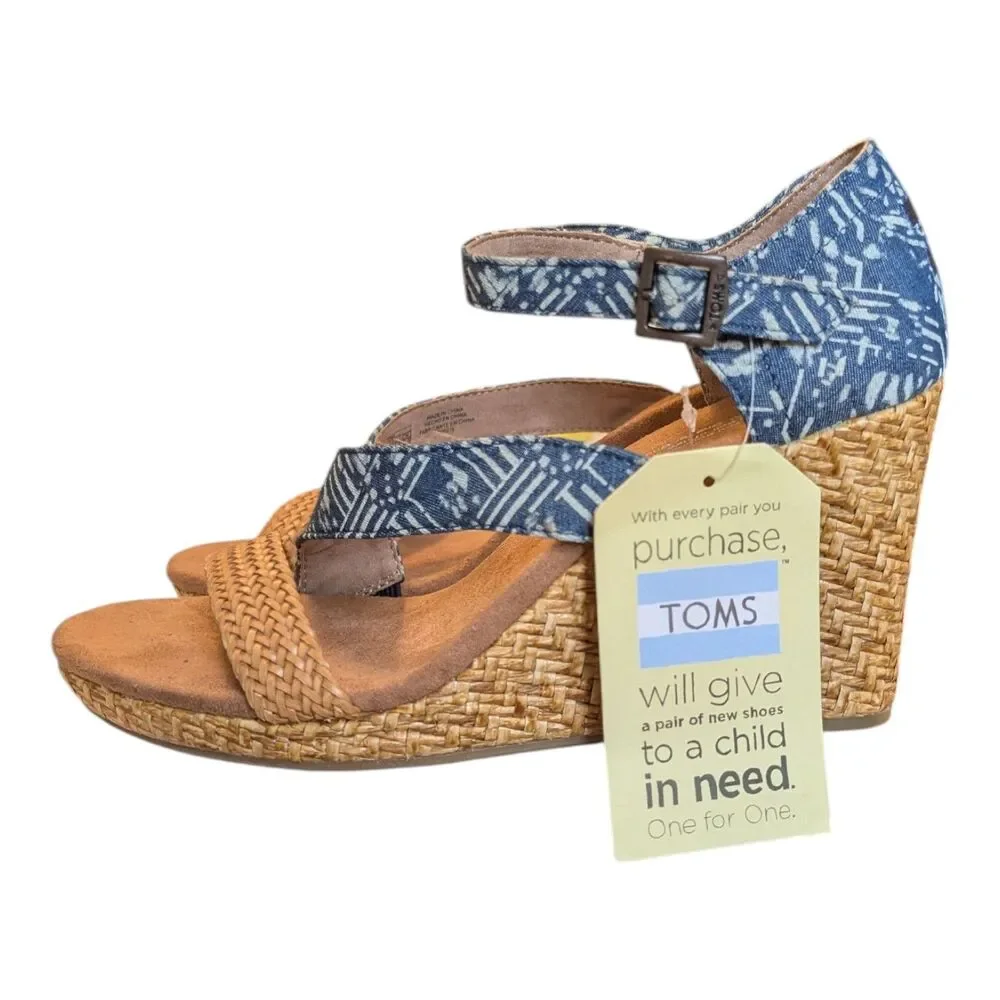 TOMS Size 9.5W Clarissa Blue Batik Textile Wrapped Wedge Heel Sandals Shoes New